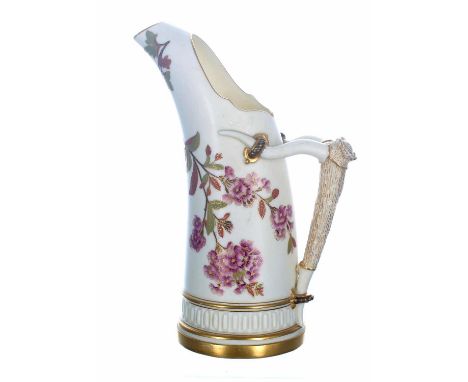 Royal Worcester blush ivory porcelain ewer, decorated with gilt highlighted floral sprigs with faux tusk moulded handle, fact