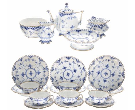 Royal Copenhagen&nbsp;'Blue Onion' pattern porcelain tea service, comprising hexagonal form teapot 7" high, cream jug, sucrie