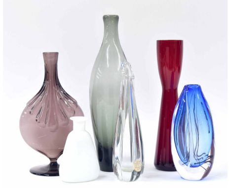 Six art glass vases to included smoked grey bottle vase, 11" high, waisted slim red glass vase, moulded ruby glass flask vase