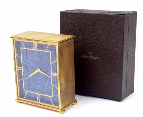 Jaeger-LeCoultre brass eight day mantel clock with a lapis lazuli dial, stamped 545 to the underside, 6.25" high, with box an