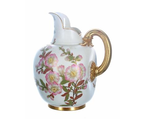 Royal Worcester blush ivory porcelain flat back jug,&nbsp;decorated with gilt highlighted flowers, , puce factory stamp, numb