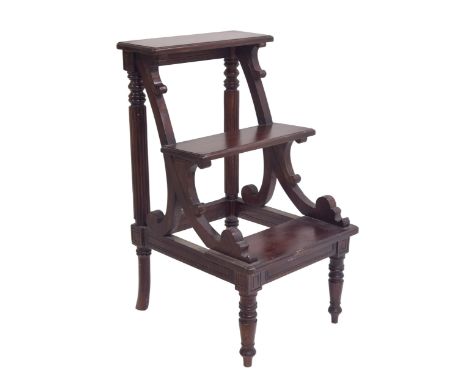 Reproduction set of library steps,&nbsp;upon a scrolling framed and reeded pillar supports, raised upon turned front legs, 18