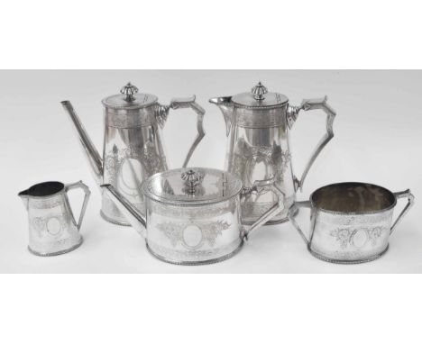 Elkington &amp; Co. silver plated five piece tea and coffee set,&nbsp;comprising coffee pot&nbsp;8.5" high, water pot, tea po