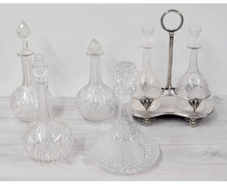 John Harrison plated decanter stand with two etched glass decanters with stoppers, 14" high; together with a pair of cut glas