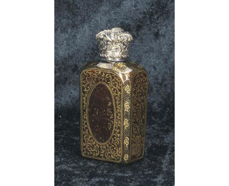 Victorian ruby glass scent bottle, with gilded foliate scrolls and panels around a lovebird oval reserve, the repoussé gilt s