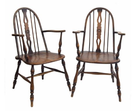 Pair of Windor&nbsp;stick back chairs, with arch back over pierced shaped splat, the arms on turned supports over shaped seat