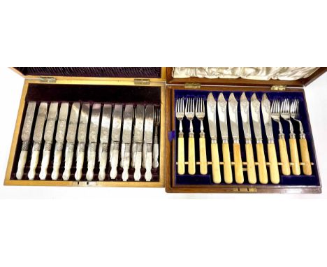 Cased canteen of twelve Joseph Rodgers &amp; Sons bone handle fish knives and forks, with silver collars (mixed 1904, 1905 an