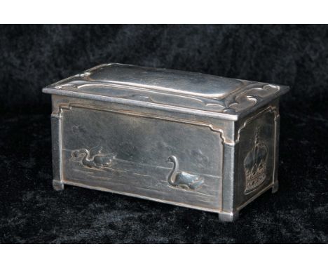 Arts &amp; Crafts small&nbsp;silver casket, decorated in low relief with swans to the front and rear, and crowns to each end,