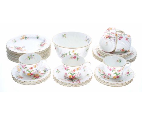 Wedgwood wrythen fluted porcelain part tea service, pattern no. 6305 decorated with floral sprays within gilt rims, factory s