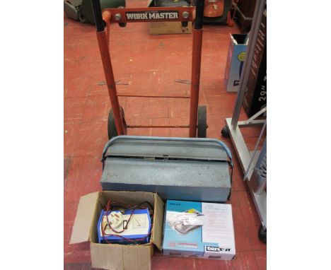 Workmaster sack trolley, cantilever toolbox and contents, Davenset Mk VI battery charger and a Tensor 12v air compressor E/T