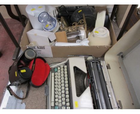 Vintage cased Olympia typewriter and a box of mixed household items including food mixer etc