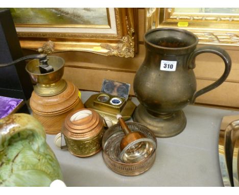 Lustre pedestal jug, a wood and brass coffee grinder, vintage wine implements, brass inkwell etc