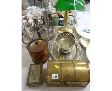 Brass and copper casket, a vintage style desk lamp, a selection of trays and other metalware etc