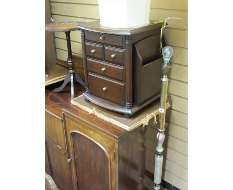 Brass and onyx effect standard lamp with shade, small leather tooled top tripod occasional table and a small whatnot E/T