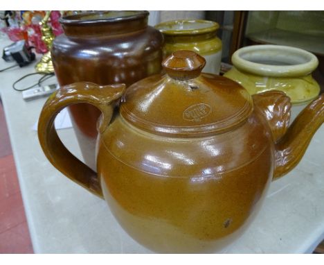 Fine stoneware teapot and three earthenware provision containers
