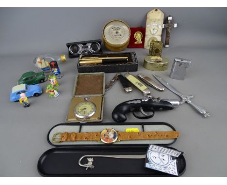 Parker fountain pen, Smiths Empire travel clock, three vintage pocket knives, a white metal vesta case, Midland Saving Bank i