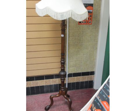 Mahogany turned and carved standard lamp on tripod ball and claw feet with shade E/T