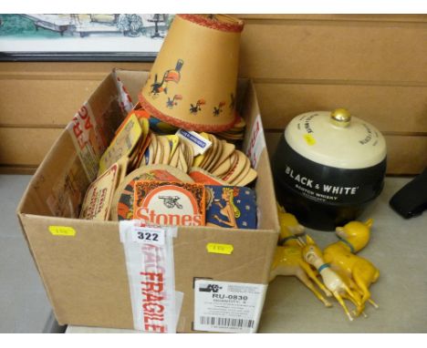 Collection of vintage beer mats, a Guinness lampshade, three Babycham figures and an ice bucket advertising Black &amp; White