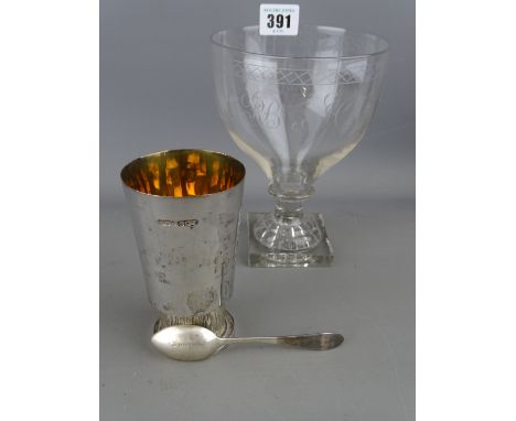 Early drinking glass with lemon squeezer base and etched initials with Masonic emblems, a silver teaspoon with blue enamel nu