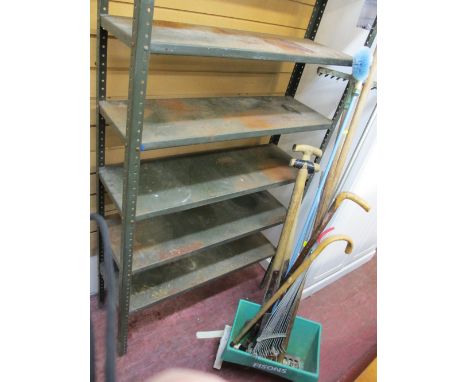 Metal multi-shelf garage rack and a small quantity of long handled garden tools