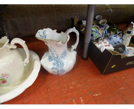 Box of good porcelain including floral teaware, Indian Tree, wash basin and jug set and another jug