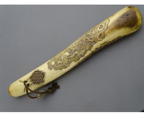 Japanese carved antler pipe case with toggle white metal ojime