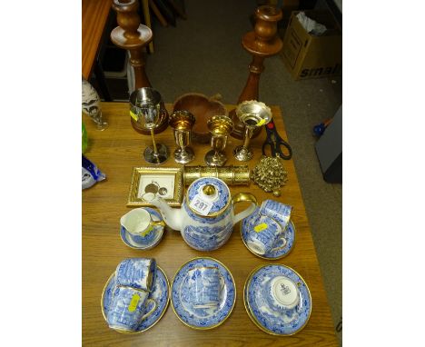 Fifteen piece Windsor china blue and white Willow pattern tea service, a pair of oak candlesticks and a selection of Viners a