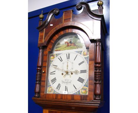 19th century oak and specimen wood longcase clock by Glase, Bridgnorth, anchor escapement striking bell, the swan neck pedime