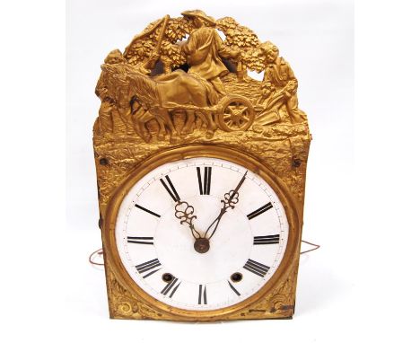 French comtoise clock with inverted verge escapement and typical embossed brass and enamel dial, 39cm. 