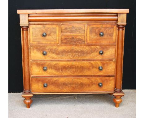 Victorian mahogany Scotch chest, the rectangular top over cylindrical frieze drawer over crossbanded short and three graduate