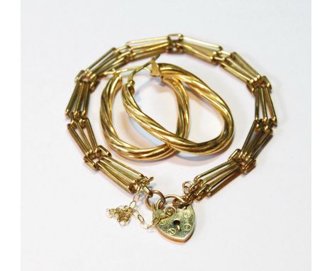 9ct gold gate bracelet and a pair of spiral hoop earrings, 12g. 