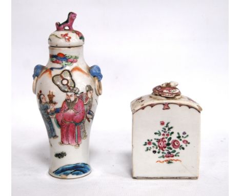 18th century famille rose tea caddy of rectangular form with arched top and floral decoration, 11.5cm high; also a vase of ty