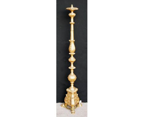 Giltwood standard lamp, the elaborate column on acanthus plinth and paw feet, 153cm high. 