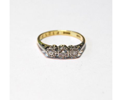 Diamond three-stone ring '18ct Plat' illusion-set, size Q½, 3g.