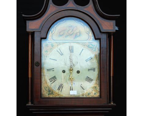 19th century mahogany longcase clock mounted by swan neck pediment, painted arch face, Roman numerals, spandrels flanked by c