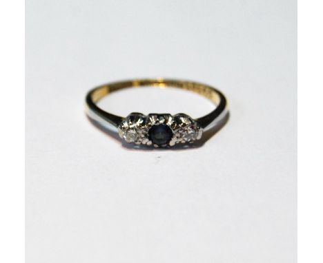 Diamond and sapphire three-stone ring '18ct Plat', size M½, 2g.