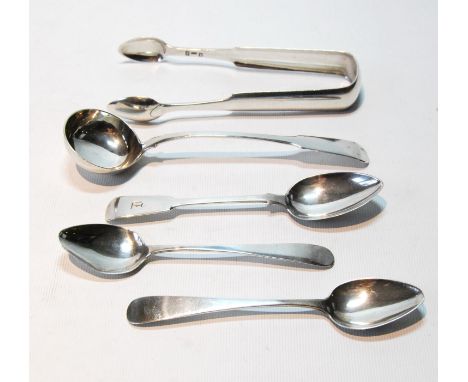 Dumfries silver toddy ladle, sugar tongs and a teaspoon, all fiddle pattern, by David Gray, c. 1830, also a pair of teaspoons