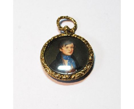 Early 19th century miniature portrait of a young man with blue cravat, in contemporary pendant mount, part gold, 35g. 