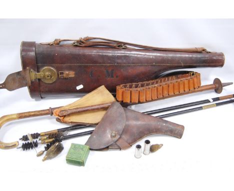 Leather Leg o' Mutton gun case, pistol case, cartridge belt, cleaning rods and sticks. 