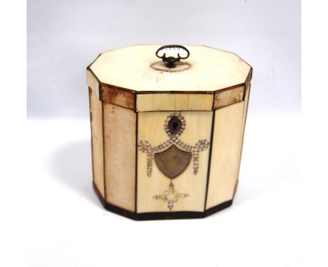 George III decagonal ivory tea caddy with applied cartouche and mother of pearl swags, including a Birmingham silver caddy sp