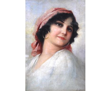 EDUARDO FORLENZA (ITALIAN, 1861 - 1934)Portrait of a young lady in headscarfSigned lower right, oil on board, 30cm x 20cm.