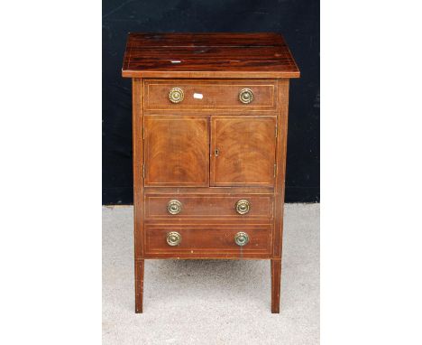 19th century mahogany and boxwood strung commode, the rectangular top over dummy drawers and doors, raised on square legs, 50