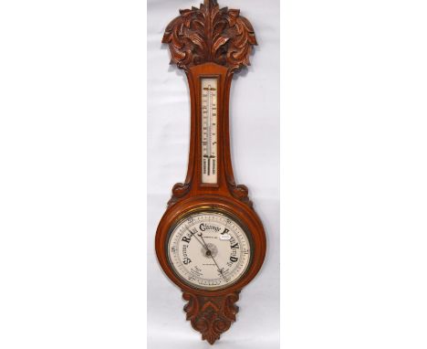 Banjo barometer by J. Cameron &amp; Son, Kilmarnock, the acanthus carved oak frame with thermometer over dial, 88cm high. 