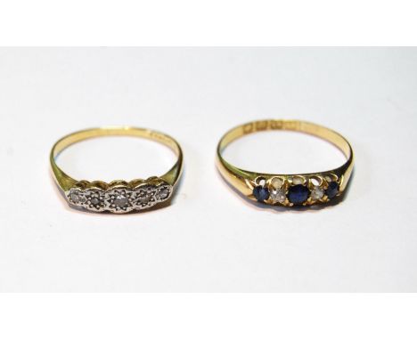 Gold ring with three sapphires and two diamonds, 1894, and a five-stone diamond ring, sizes S and P½. 