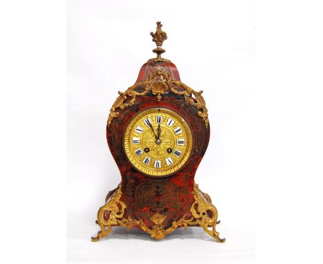 French late 19th century eight day mantel clock with enamel and gilt brass dial in case of balloon style with tortoiseshell a