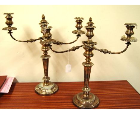 Pair of EP two-branch three-light candelabra on inverted tapering stems, 42cm. 