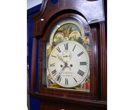 19th century mahogany moon face longcase clock by W.B. Cornforth, Macclesfield, with swan neck pediment and ball finial, over