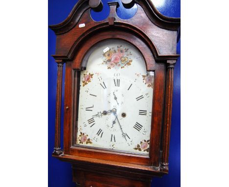 George III oak longcase clock, anchor escapement striking bell, the swan neck pediment over arched floral painted face, Roman