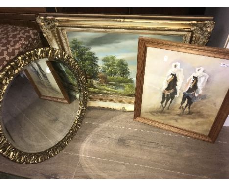 OIL PAINTING IN ORNATE FRAME, MIRROR AND PRINT