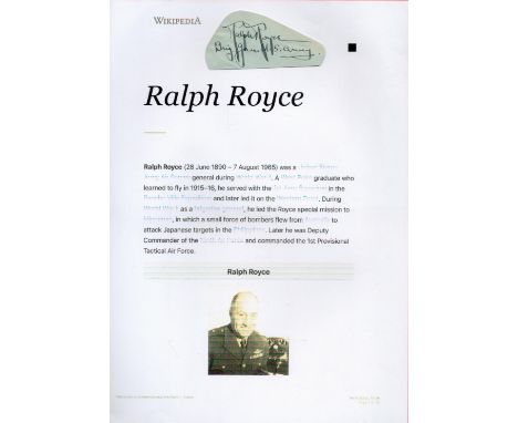 US Army General Ralph Royce Signed Autograph Album Page Cutting. Signed in blue ink All autographs come with a Certificate of